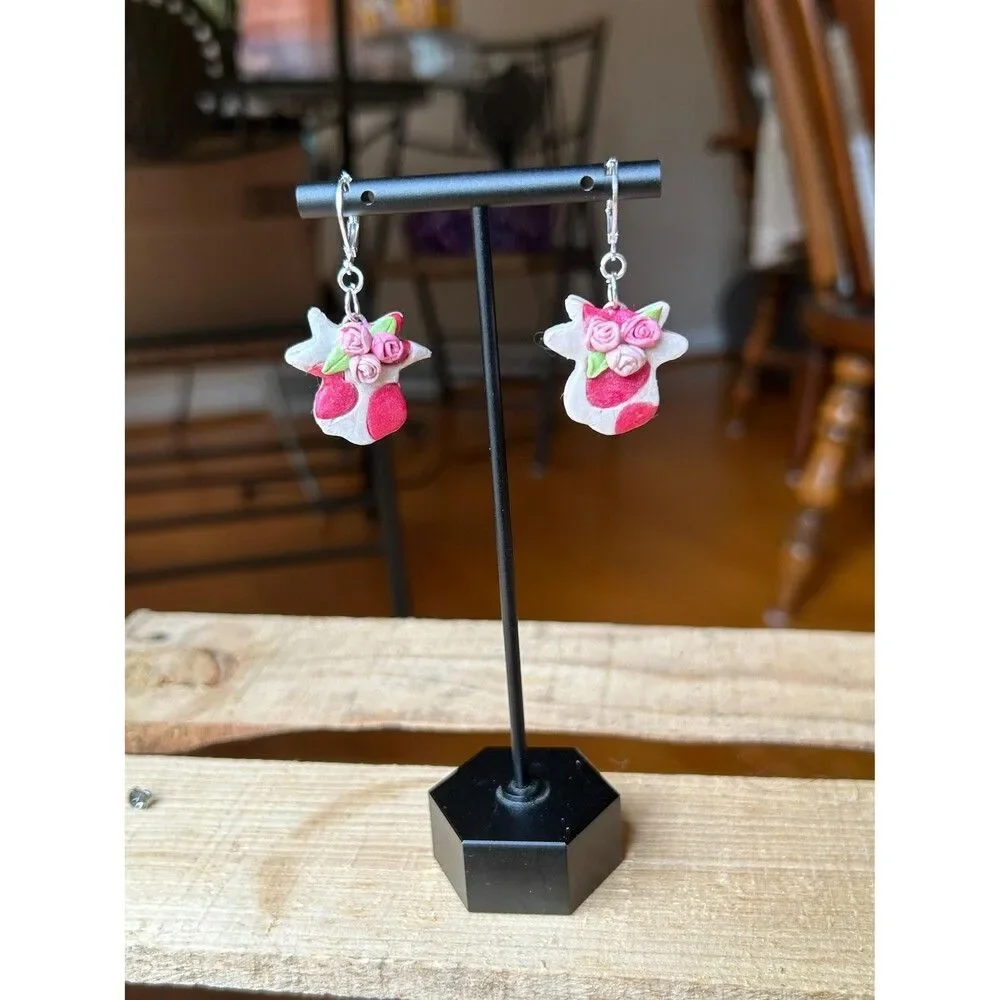Pink Heart Cows‎ with Roses Polymer Clay Handmade Earrings